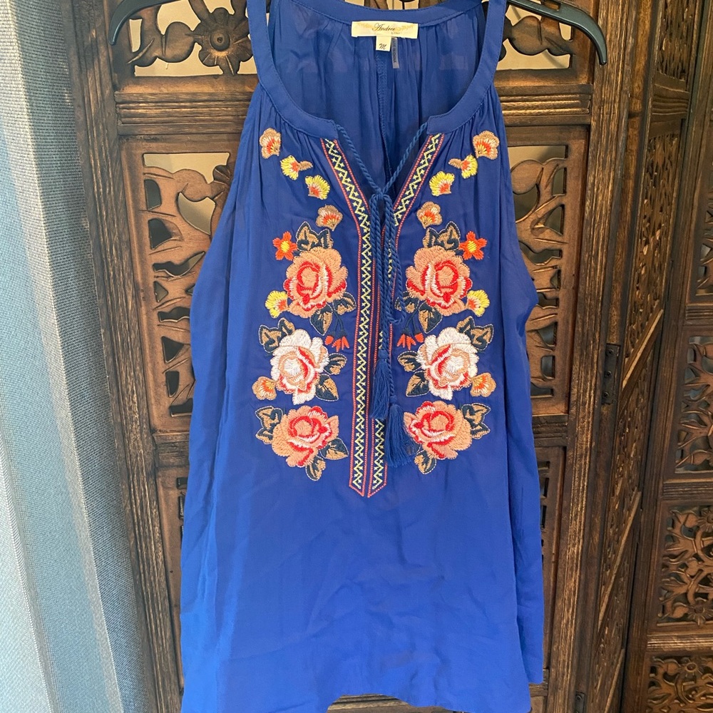 Blue embroidered floral halter neck